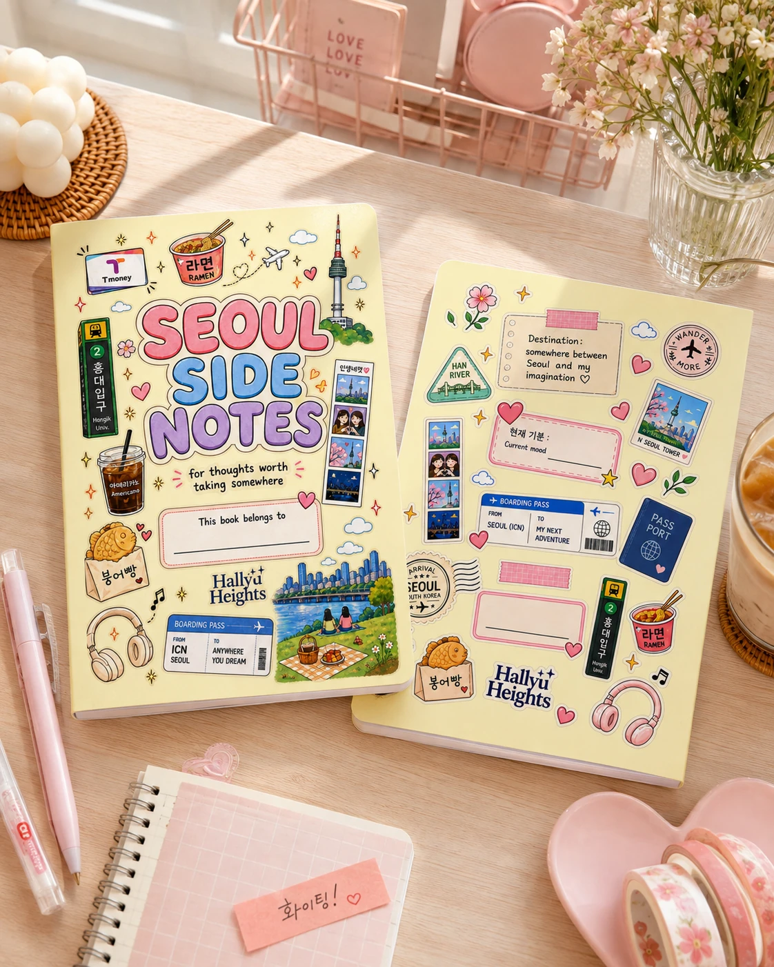 Seoul Side Notes Korean stationery notebook flatlay showing front and back on a desk