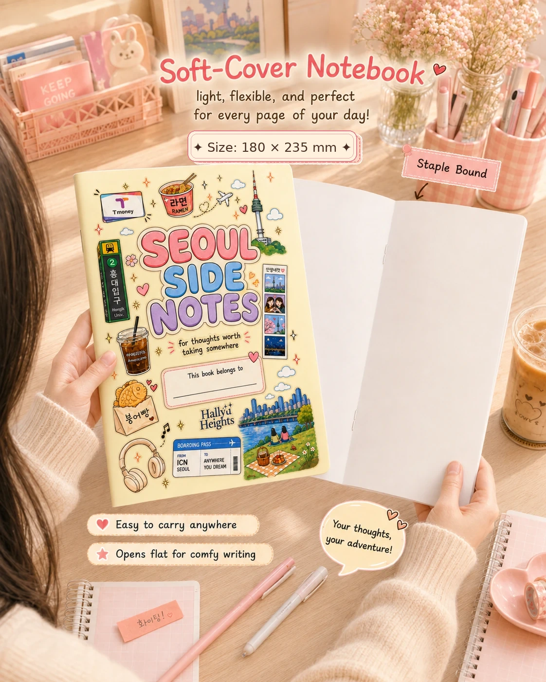 Seoul Side Notes Korean stationery notebook ad with a student holding the notebook