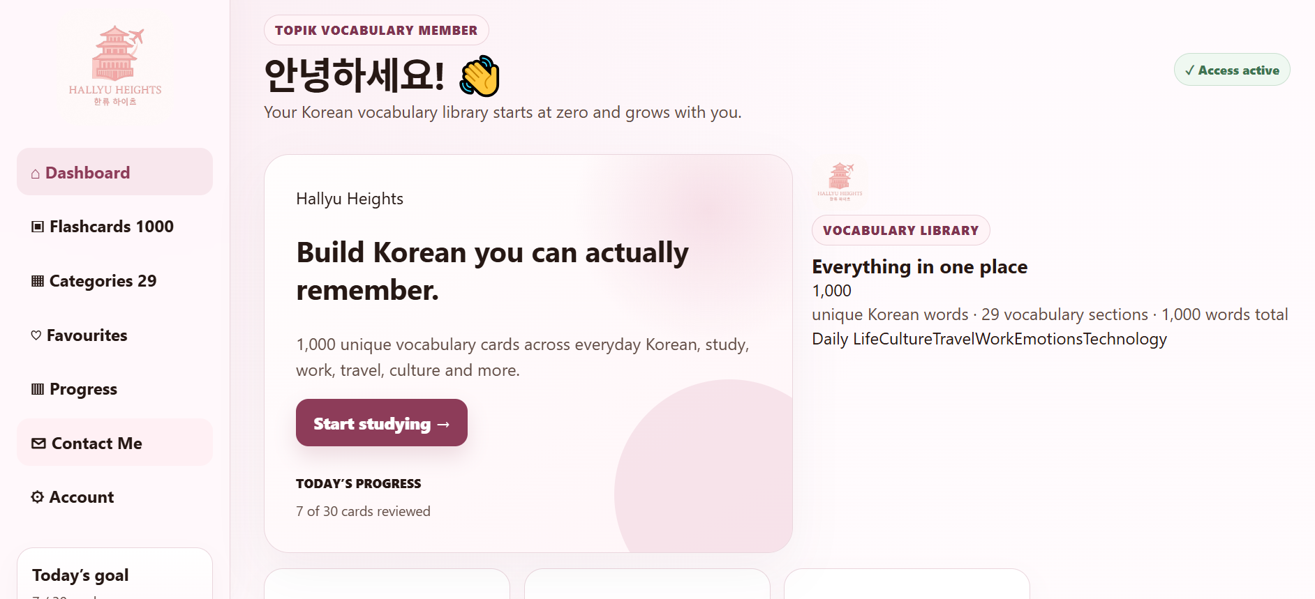 Hallyu Heights Korean Vocabulary Lab website dashboard