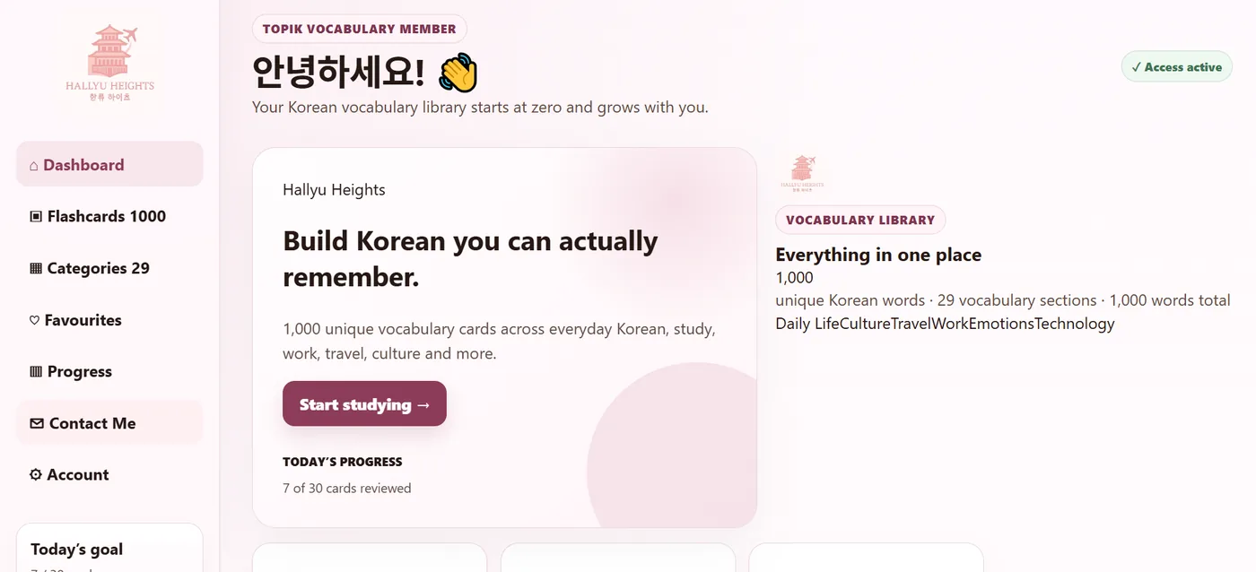 Hallyu Heights Korean vocabulary flashcards dashboard with beginner word categories