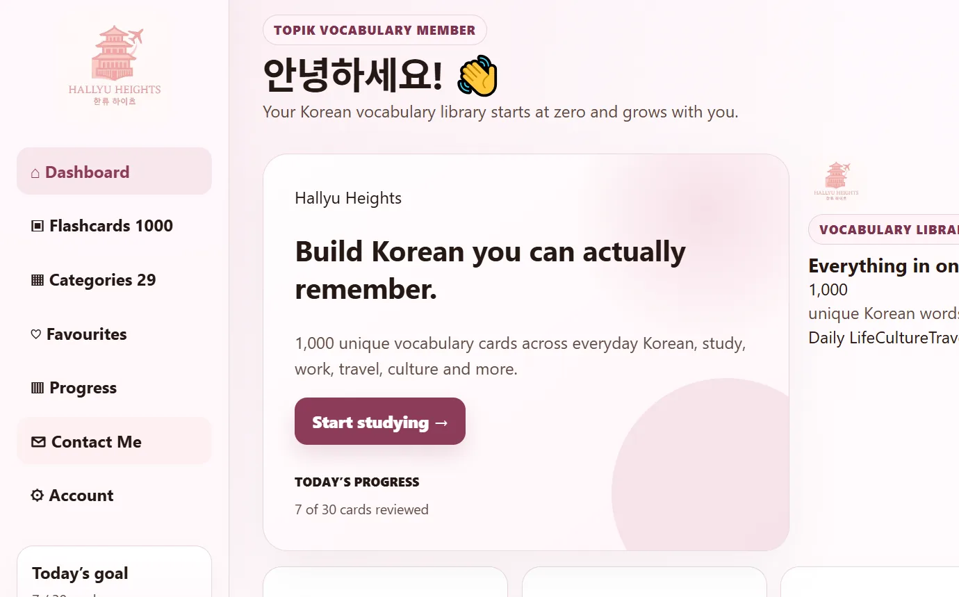 Actual Hallyu Heights Korean Vocabulary Lab dashboard showing flashcards, categories and study progress