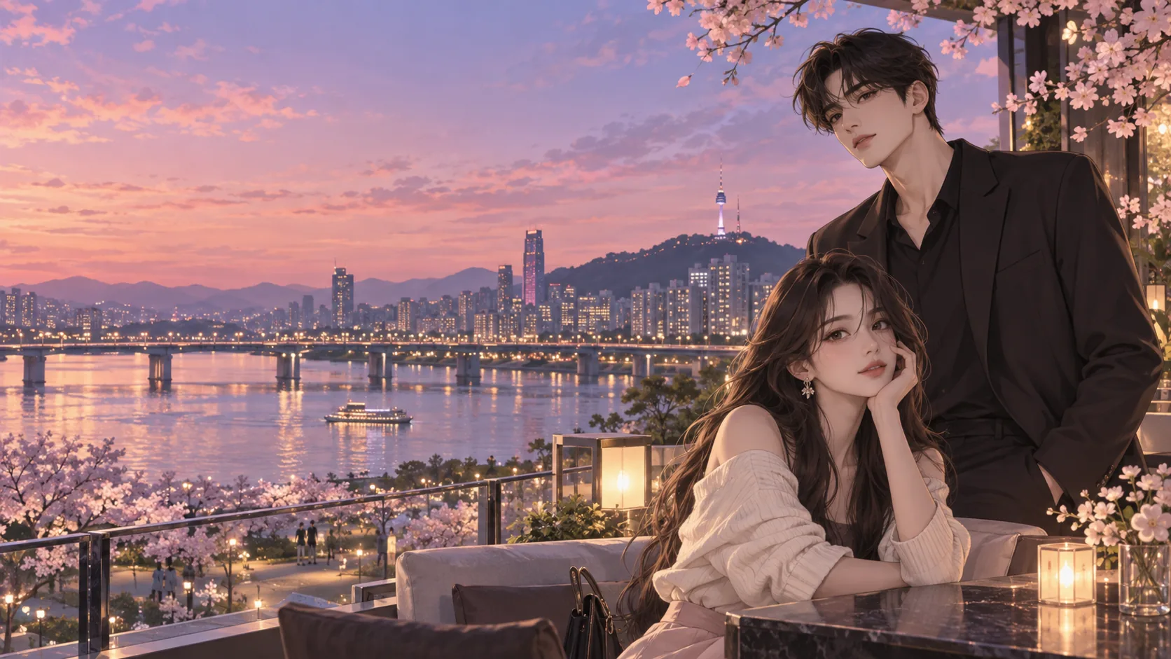 Webtoon-style characters overlooking Seoul at sunset